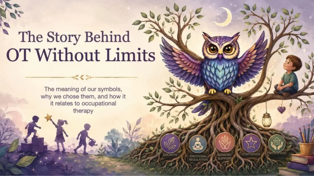 Colorful owl perched in a tree with visible roots, a crescent moon, and children exploring, symbolizing growth, regulation, sensory support, confidence, and participation.