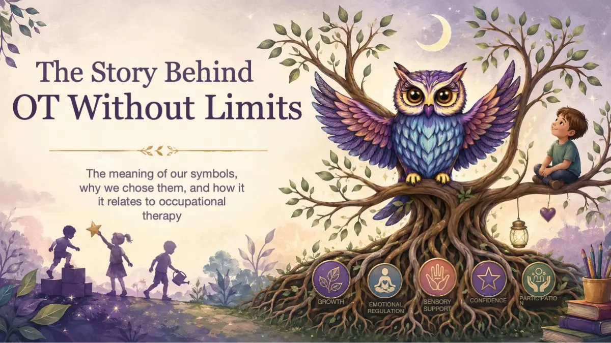 Colorful owl perched in a tree with visible roots, a crescent moon, and children exploring, symbolizing growth, regulation, sensory support, confidence, and participation.