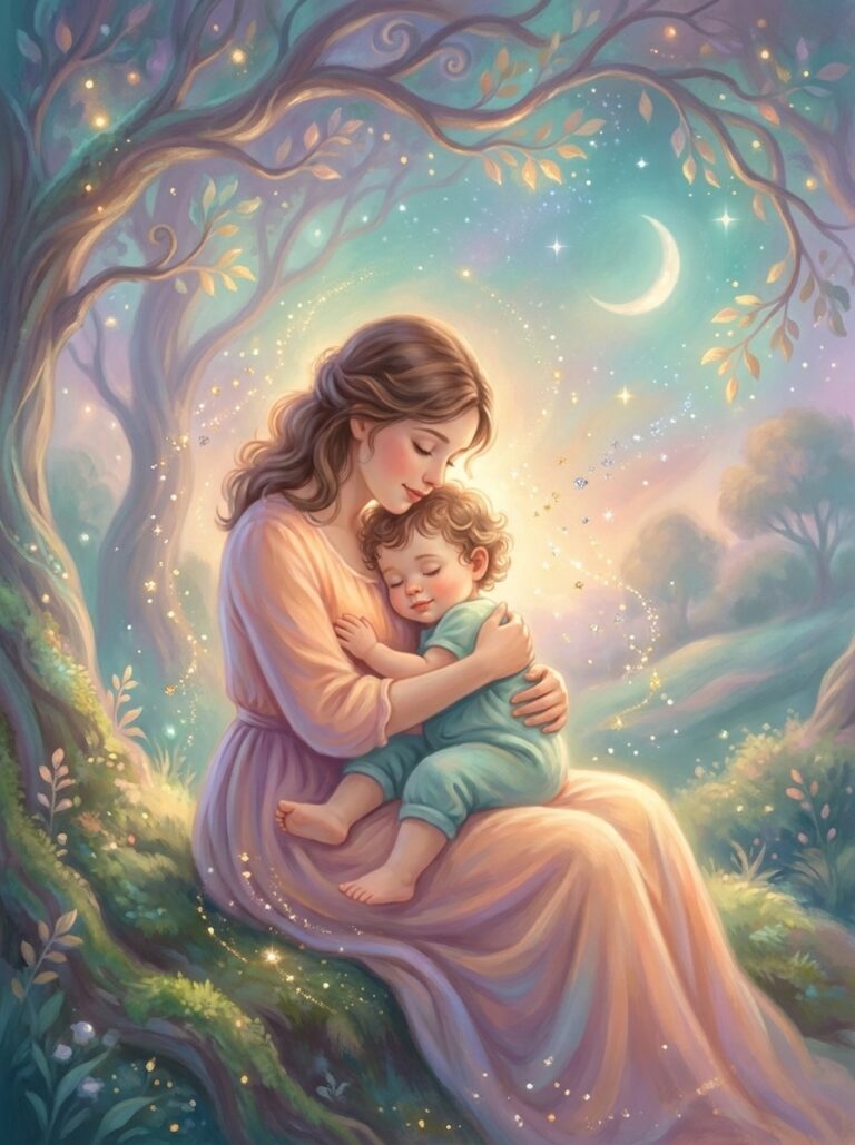 Watercolor illustration of a mother holding her sleeping child under the moon