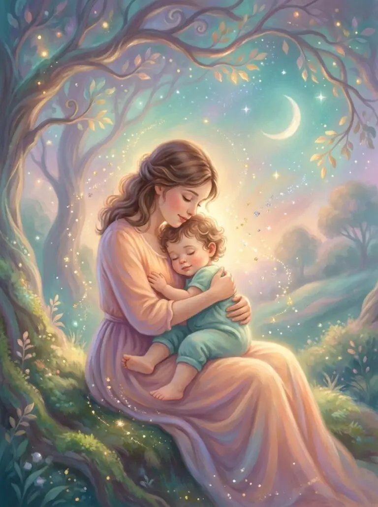 Watercolor illustration of a mother holding her sleeping child under the moon