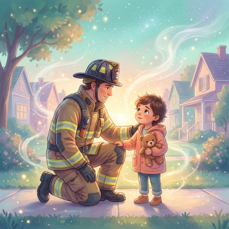 Firefighter kneeling to comfort a young child holding a teddy bear