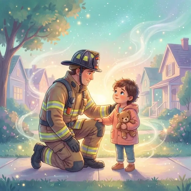 Firefighter kneeling to comfort a young child holding a teddy bear