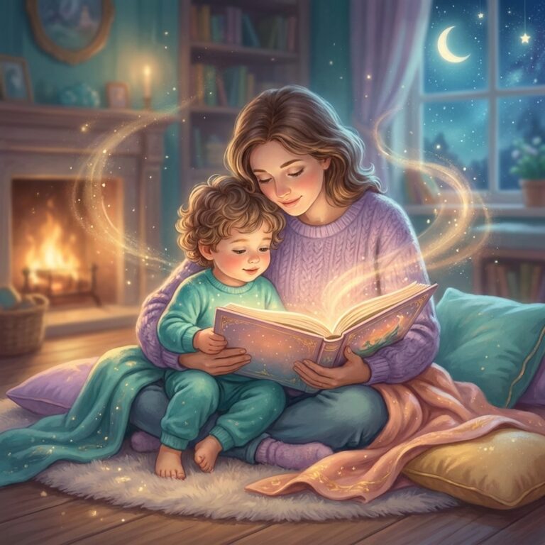 Parent and child reading a storybook together by the fireplace