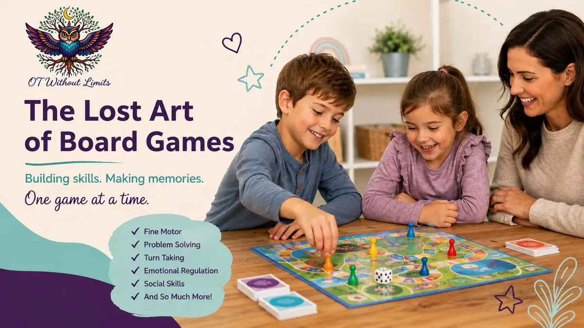 Children playing a board game with an adult, building fine motor, problem-solving, turn-taking, emotional regulation, and social skills through play.